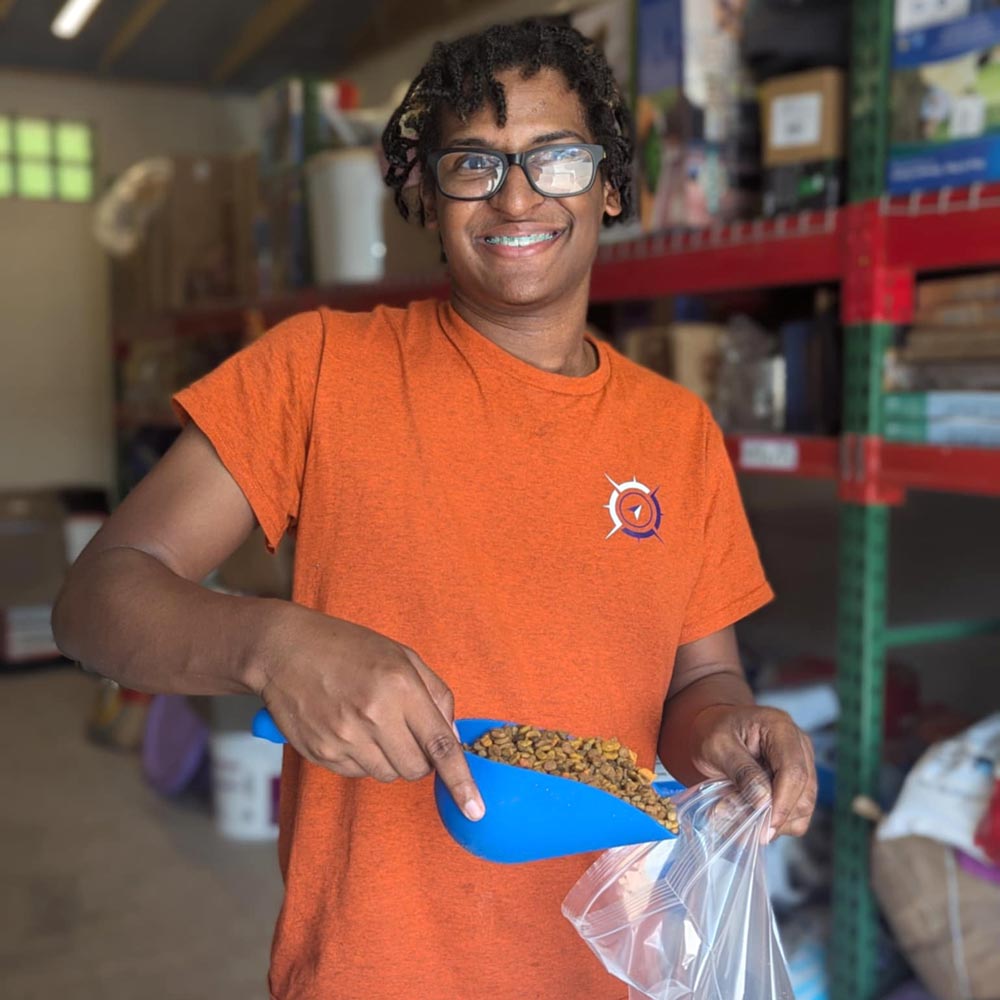 Volunteer packing pet food for those in need