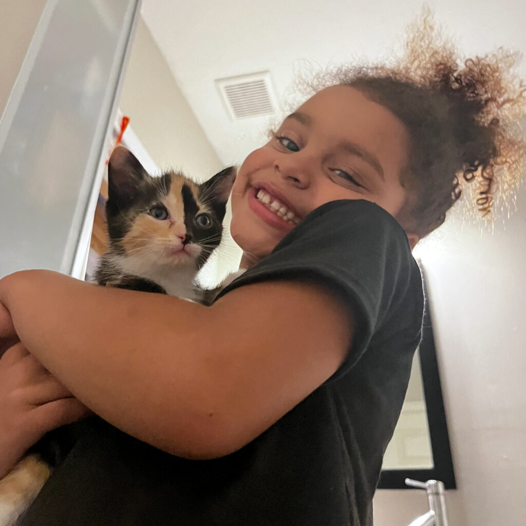 kid holding multi colored kitten