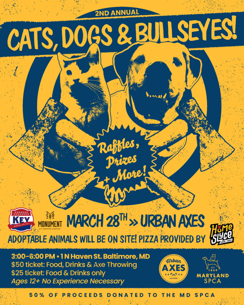 Flyer for Axe Throwing Fundraiser featuring adoptable pitfall and adoptable black and white cat