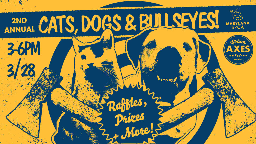 Flyer for Axe Throwing Fundraiser featuring adoptable pitfall and adoptable black and white cat