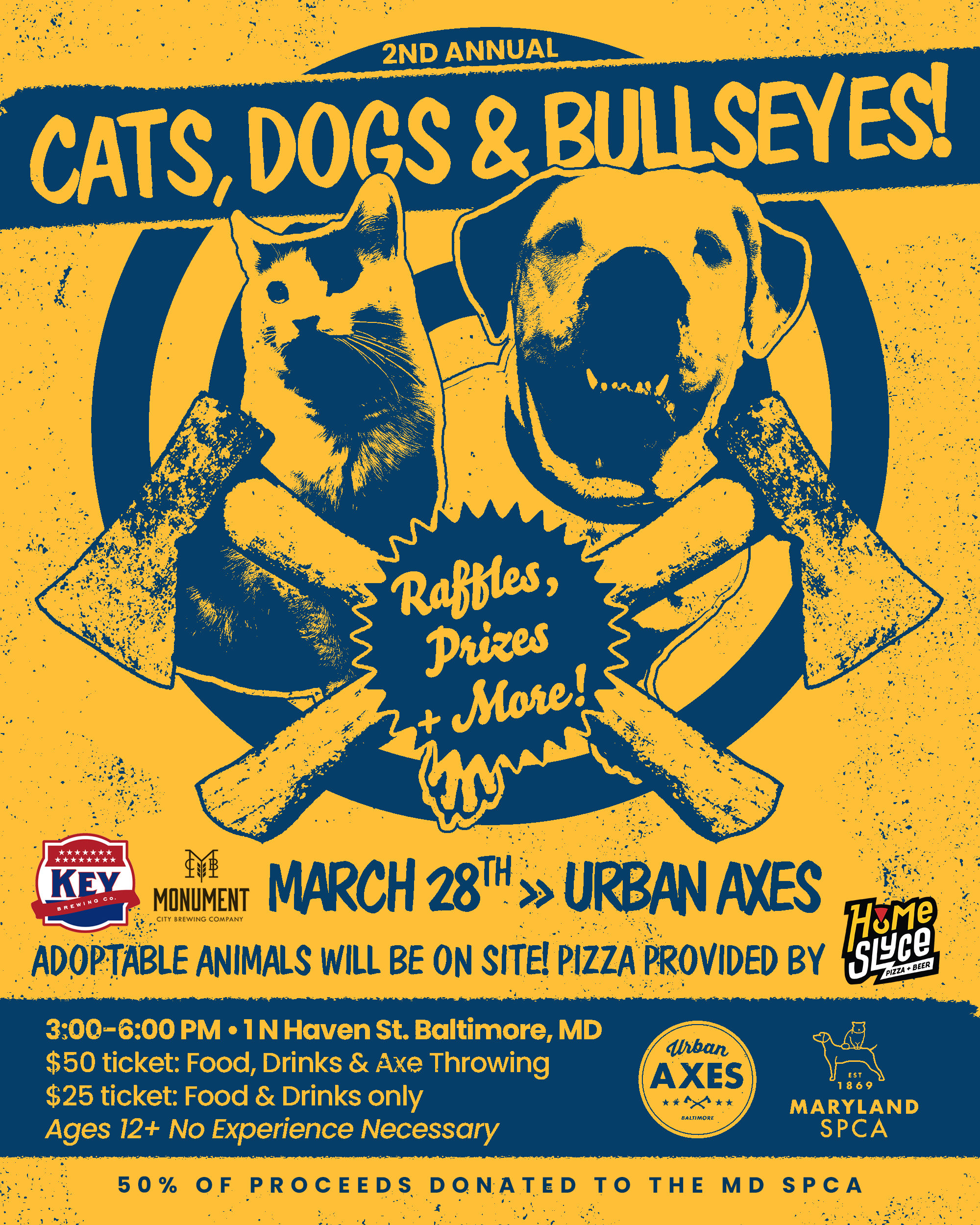 Flyer for Axe Throwing Fundraiser featuring adoptable pitfall and adoptable black and white cat